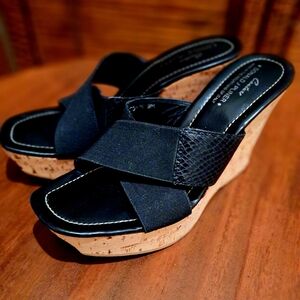 Donald J. Pliner Black Open Toe Cork Wedge Sandals Sz 9M